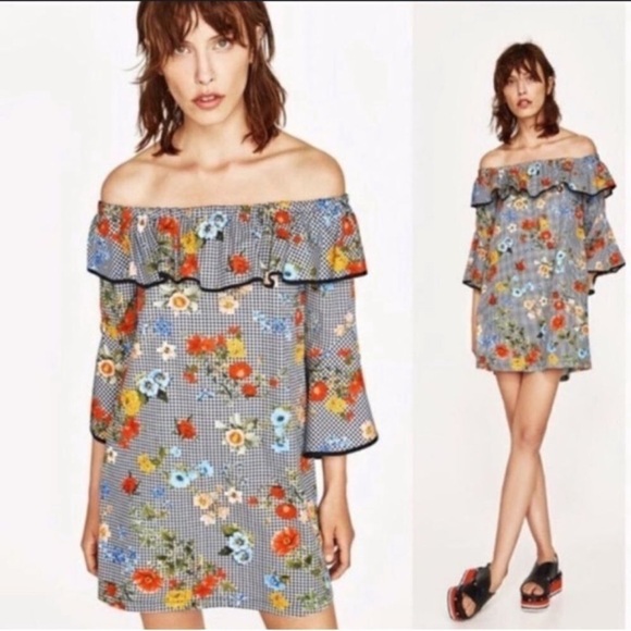Zara Dresses & Skirts - Zara Gingham Off The Shoulder Tunic Floral Ruffle Mini Dress